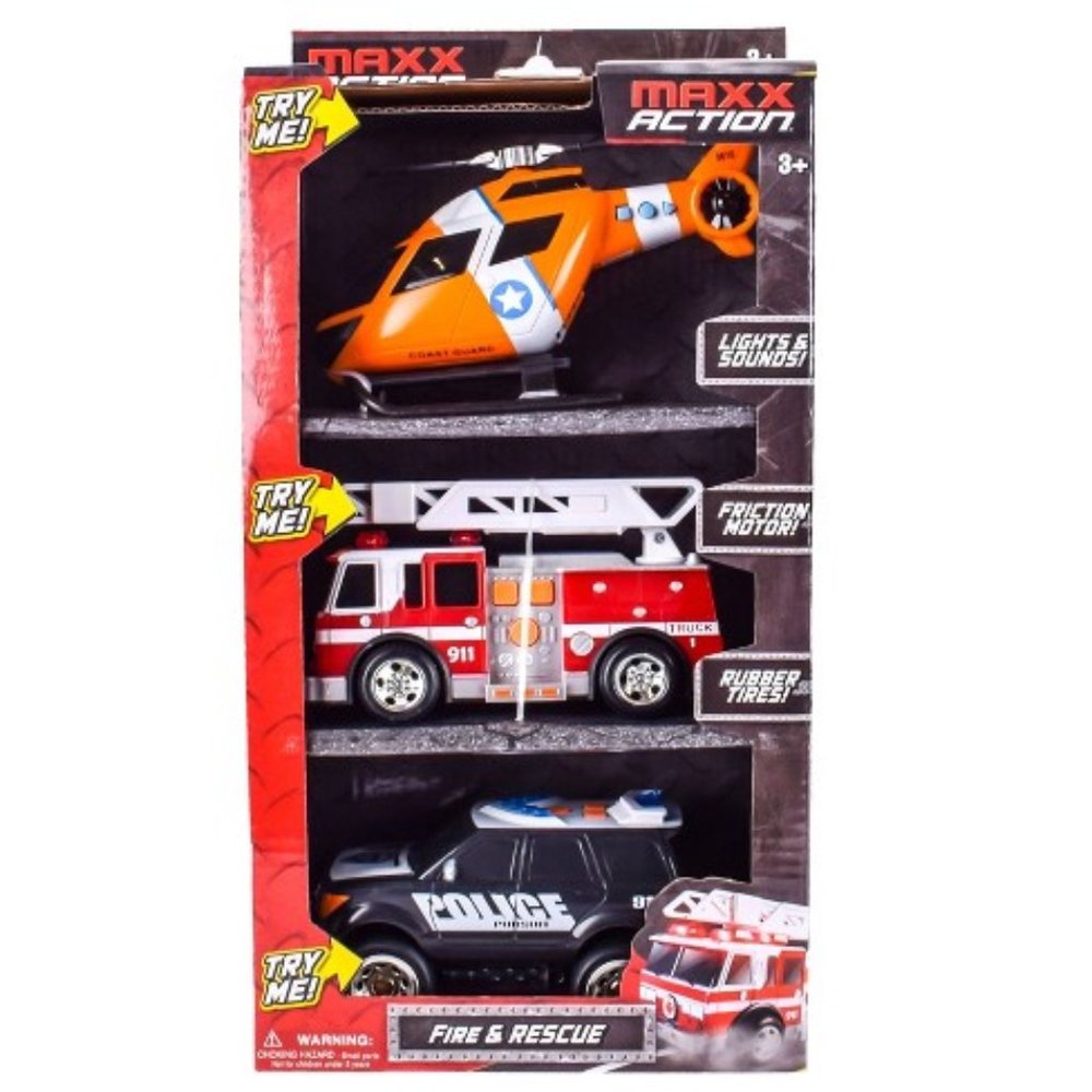 Maxx Action Mini Rescue Lights & Sounds Vehicles Firetruck Police Car Helicopter